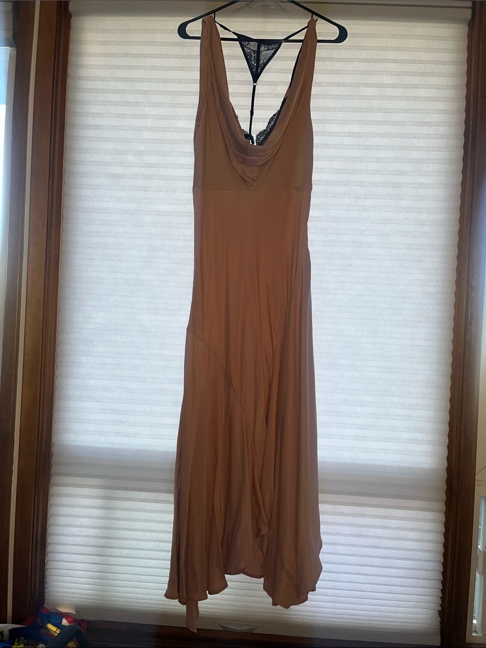 Anthropologie Camel Brown Cowl-Back Maxi Dress with Lace Detail